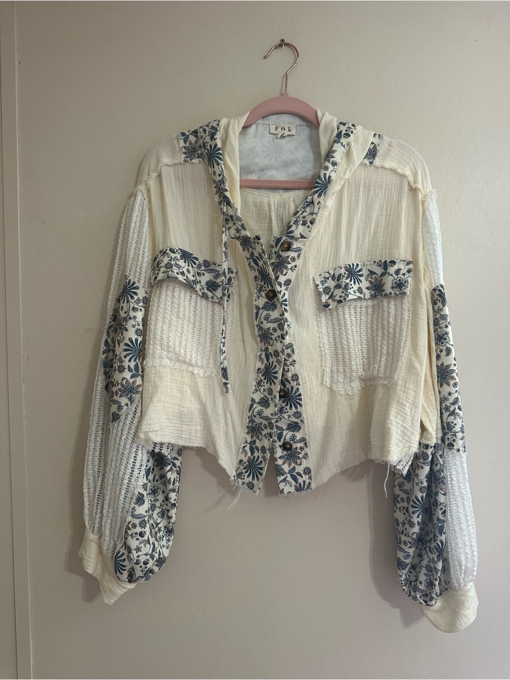Boho Cream Floral-Trim Button Front Hoodie